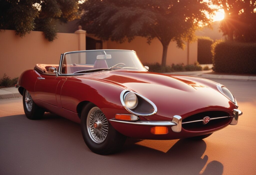 Voici la Jaguar E-type Series 1, voiture de collection de couleur rouge