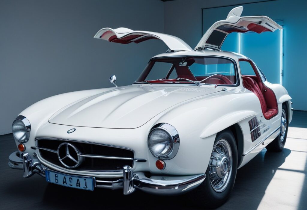 Voici une voiture de collection blanche de plus précisément la Mercedes Benz 300 SL Gullwing