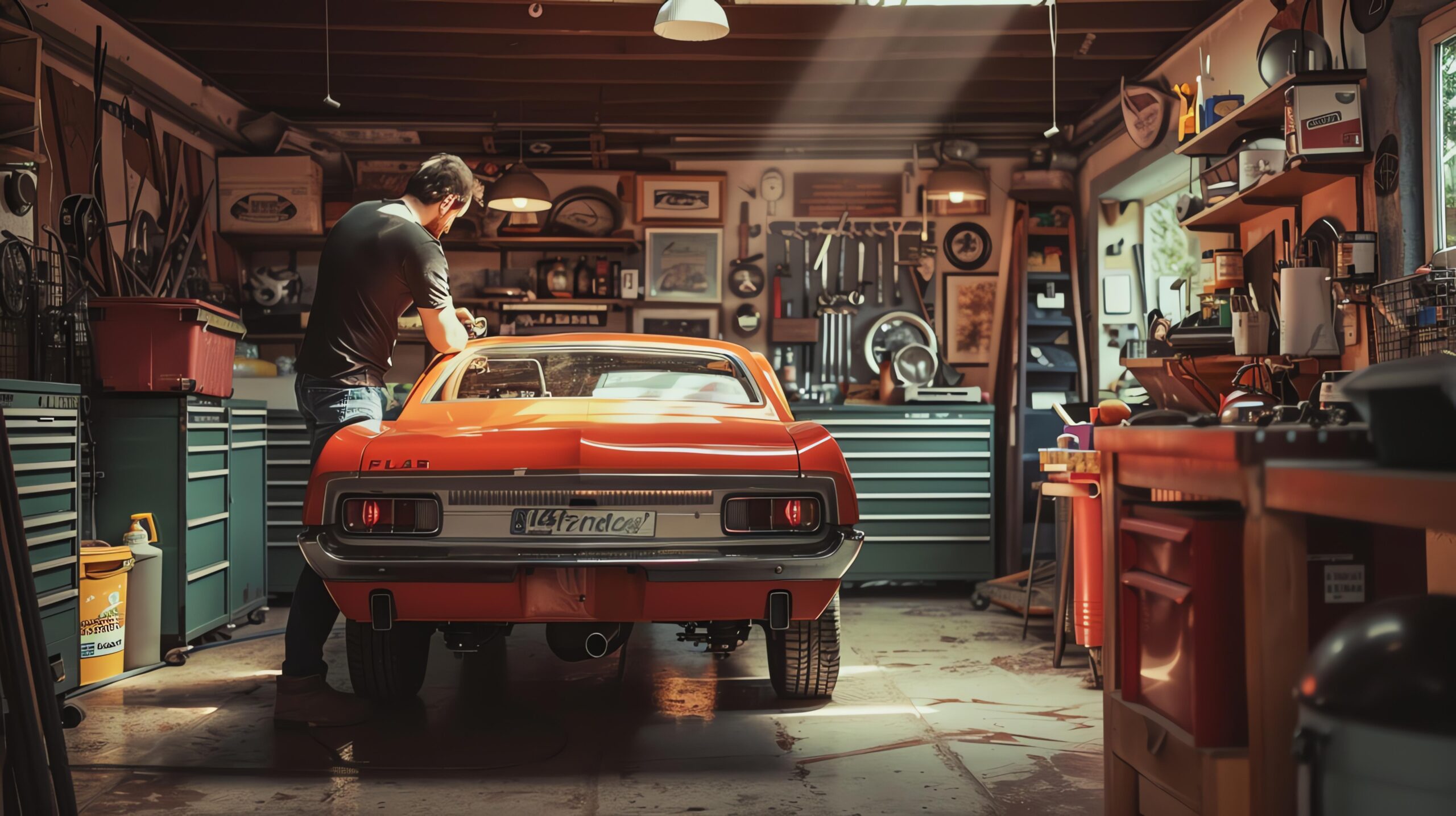 Handsome man working on a classic car in his garage.