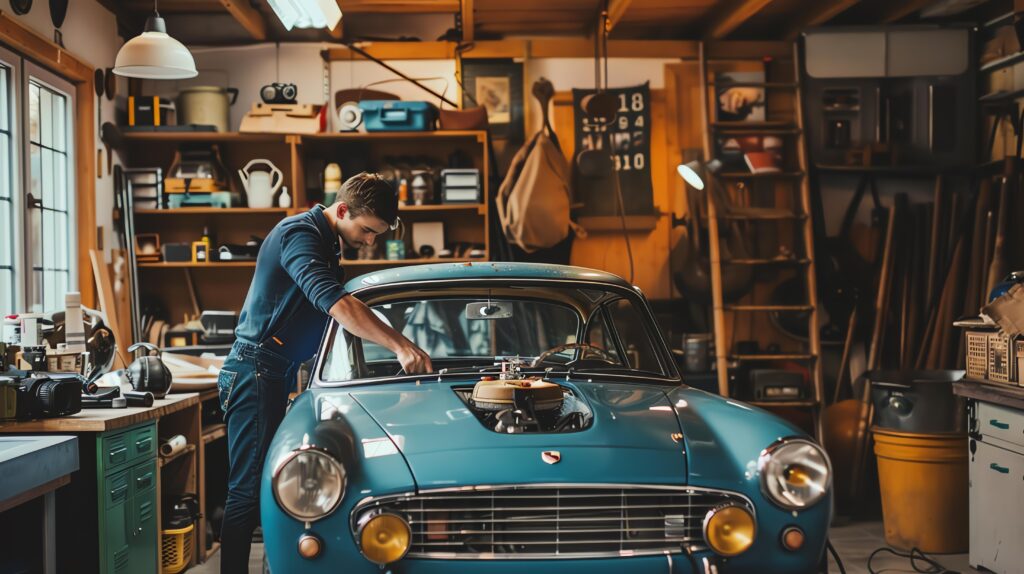 voici un homme travaillant sur une voiture classique