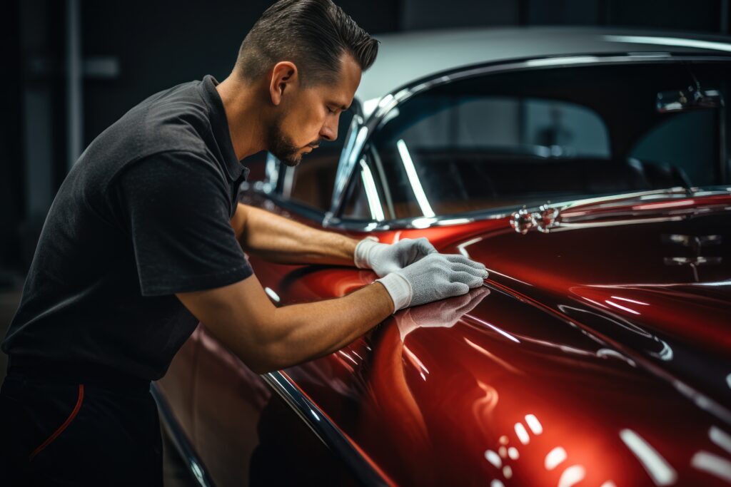 voici un homme travaillant sur une voiture classique