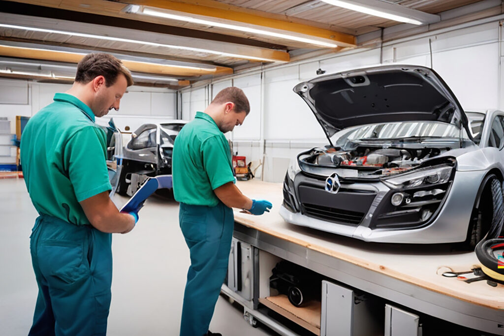 il s'agit d'ouvriers travaillant sur une voiture